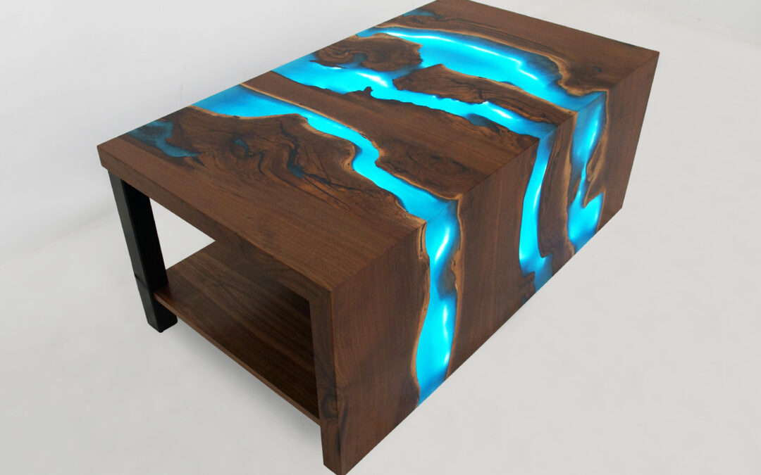 Walnut Waterfall Coffee Table With LED Lights & Blue Epoxy