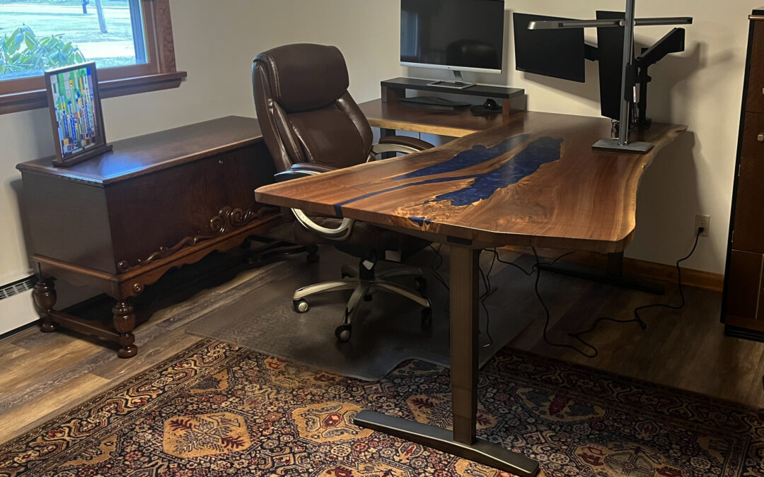L-Shaped Live Edge Standing Desk With Adjustable Height