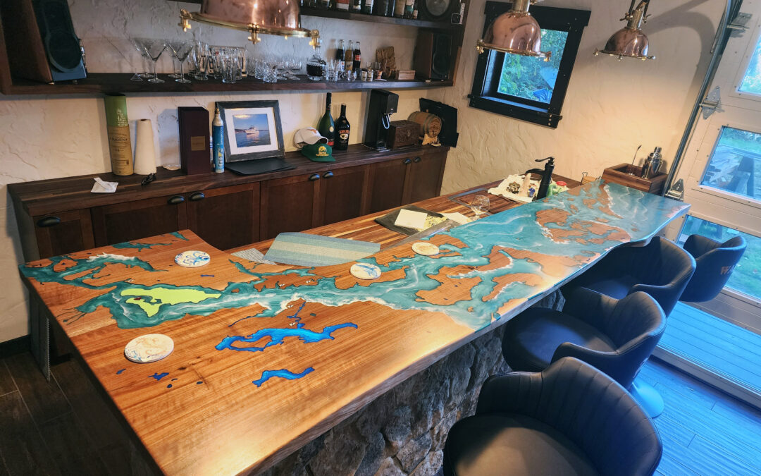 Live Edge Epoxy Bar Top With CNC Engraving Of Puget Sound