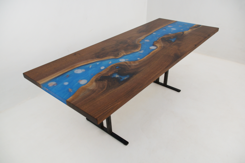 http://Walnut%20Coffee%20Table%20With%20Blue%20Epoxy%20&%20Embedded%20Seashells%201950