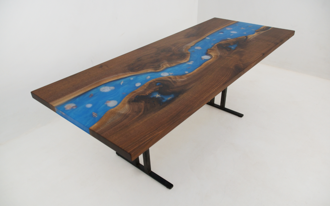 Walnut Coffee Table With Blue Epoxy & Embedded Seashells
