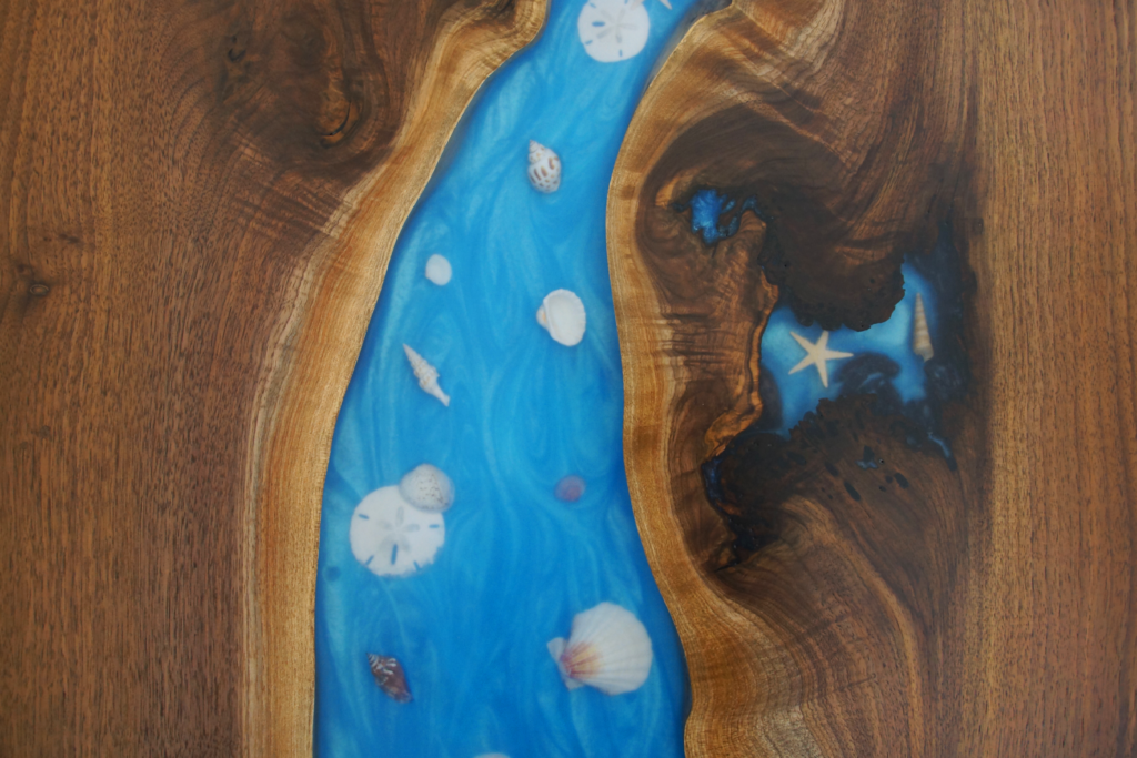 http://Walnut%20Coffee%20Table%20With%20Blue%20Epoxy%20&%20Embedded%20Seashells%201950%208