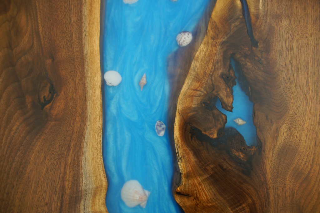 http://Walnut%20Coffee%20Table%20With%20Blue%20Epoxy%20&%20Embedded%20Seashells%201950%207