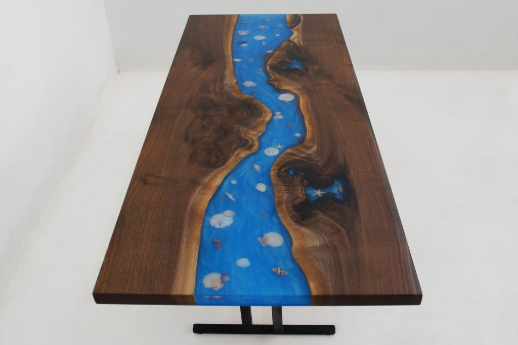 http://Walnut%20Coffee%20Table%20With%20Blue%20Epoxy%20&%20Embedded%20Seashells%201950%203