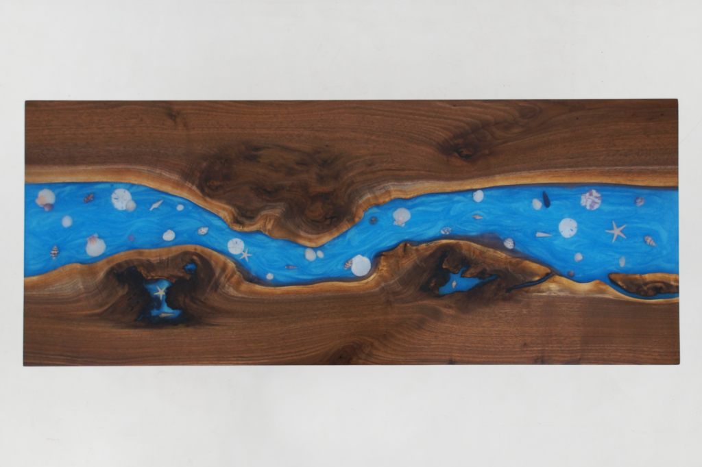 http://Walnut%20Coffee%20Table%20With%20Blue%20Epoxy%20&%20Embedded%20Seashells%201950%202