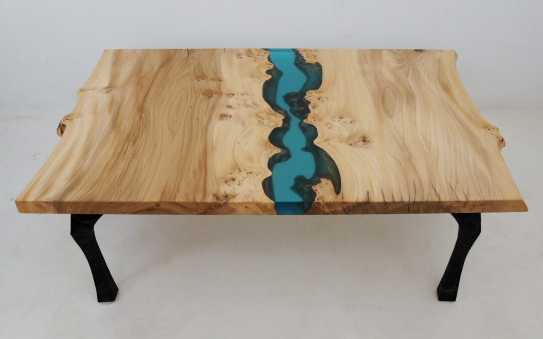 Elm Coffee Table With Translucent Blue Epoxy