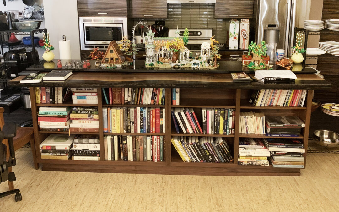 Walnut Live Edge Bookcase & Counter With Black & Gold Epoxy
