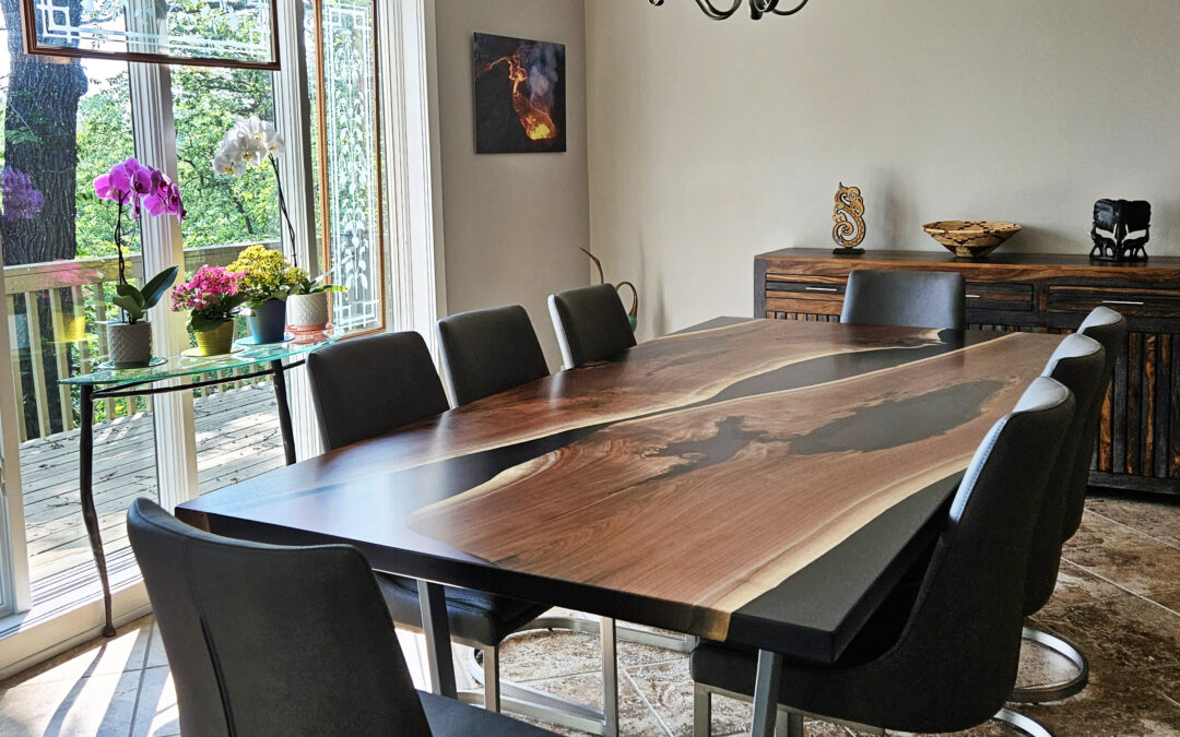 Walnut Dining Table With Multi-Angle Epoxy Rivers