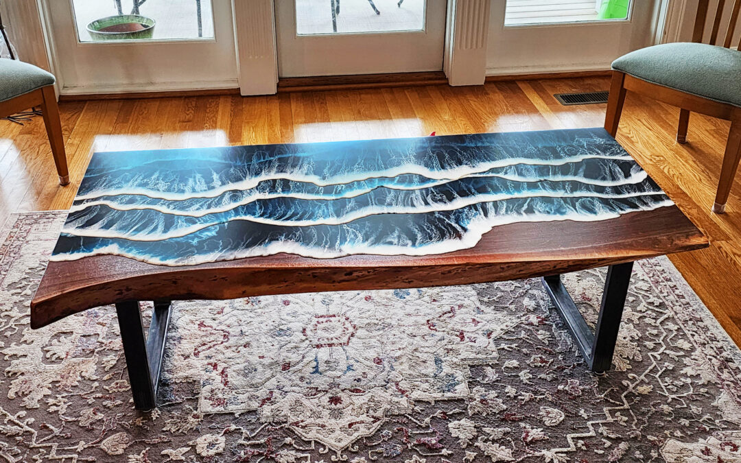 Ocean Scene Coffee Table With Live Edge & Walnut Wood