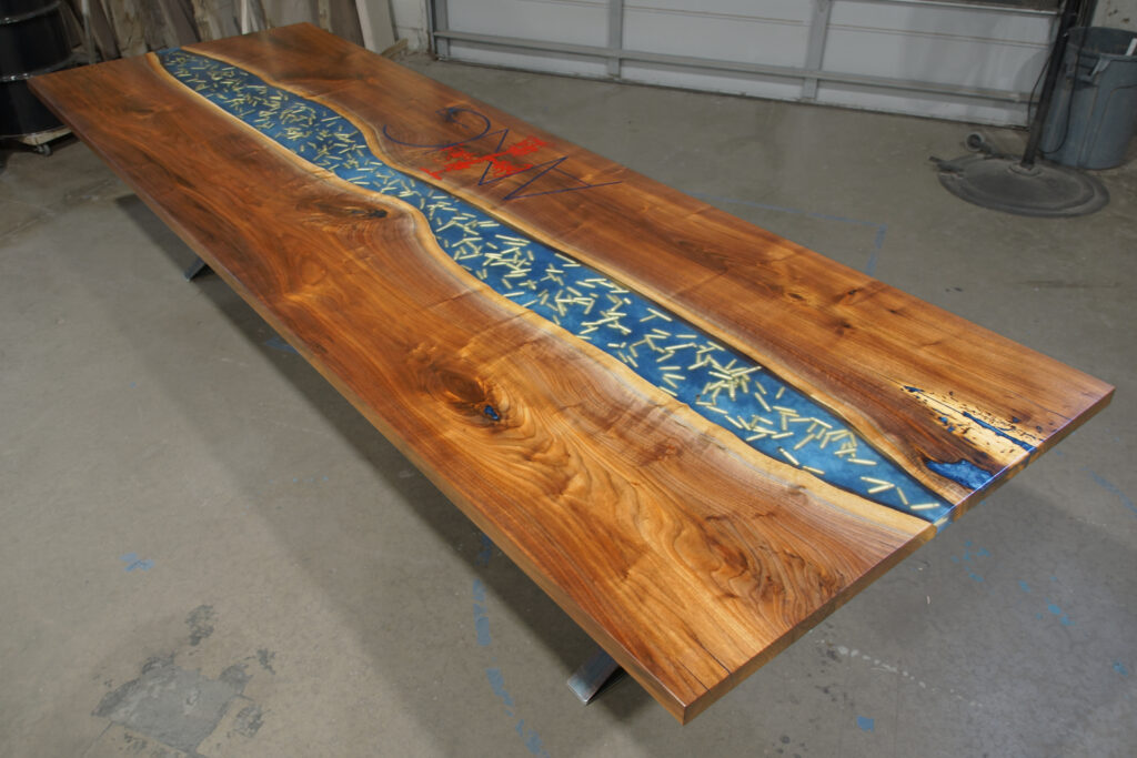 http://Walnut%20Conference%20Table%20With%20Engraved%20Logo%20&%20Epoxy%20Embedded%20Bullets%201919
