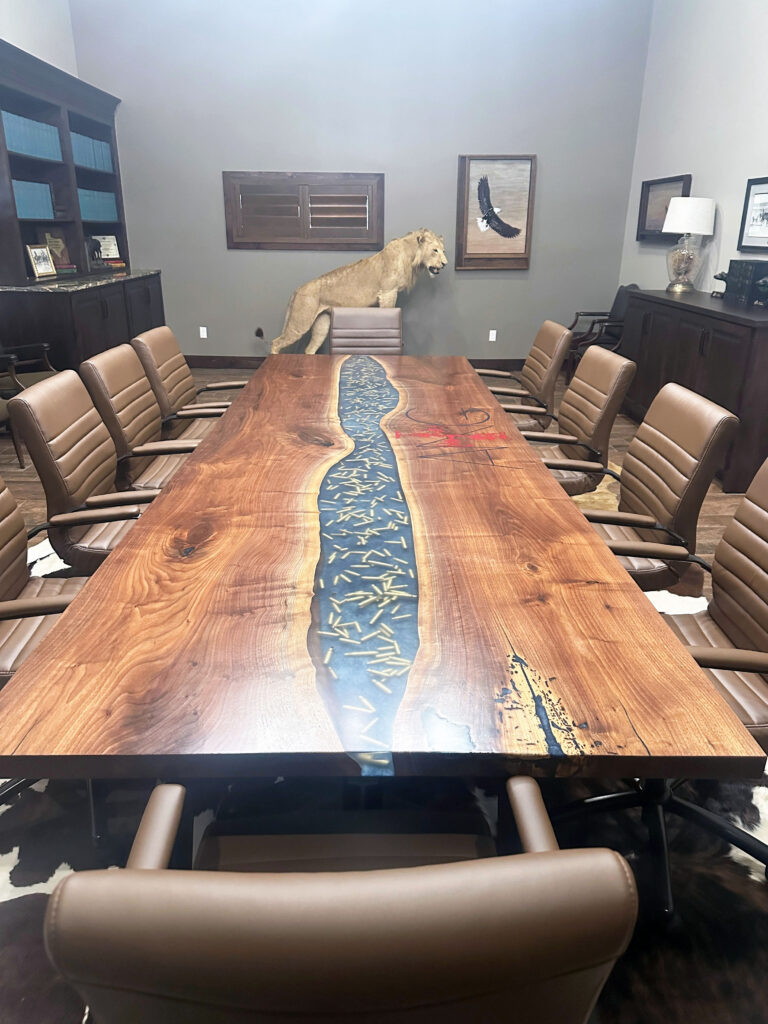 http://Walnut%20Conference%20Epoxy%20Table%20With%20Bullets%20Embedded%20&%20Engraved%20Logo%201919%2014