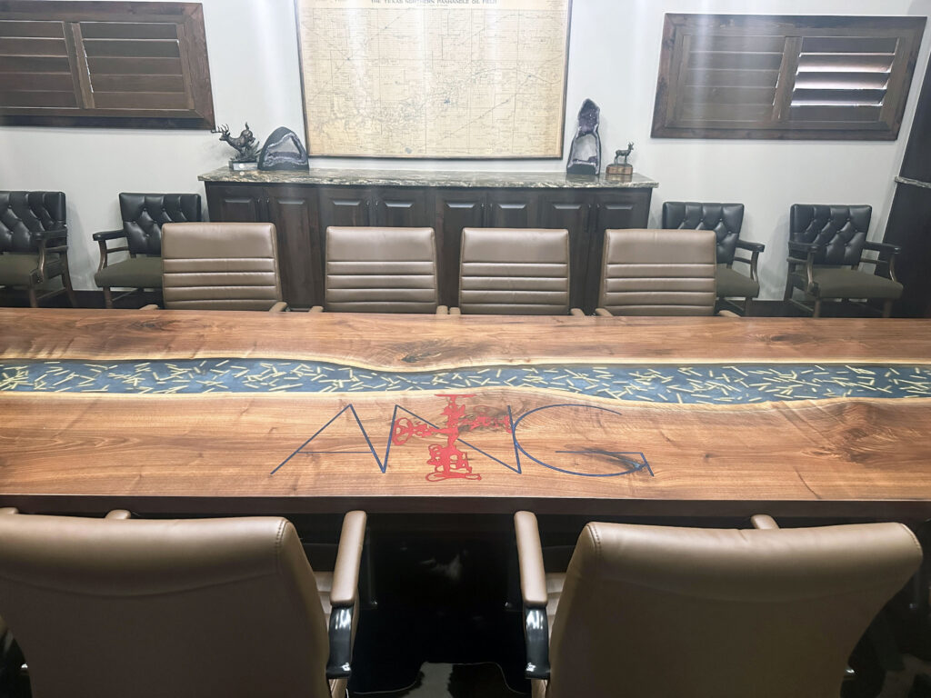 http://Walnut%20Conference%20Epoxy%20Table%20With%20Bullets%20Embedded%20&%20Engraved%20Logo%201919%2013