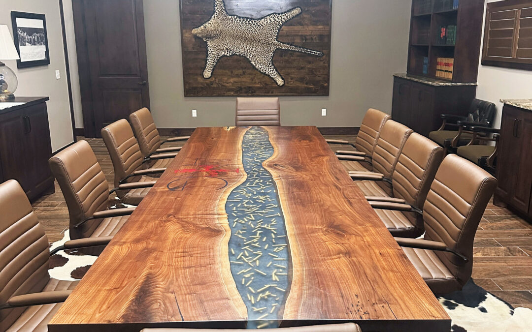 Walnut Conference Epoxy Table With Bullets Embedded & Engraved Logo