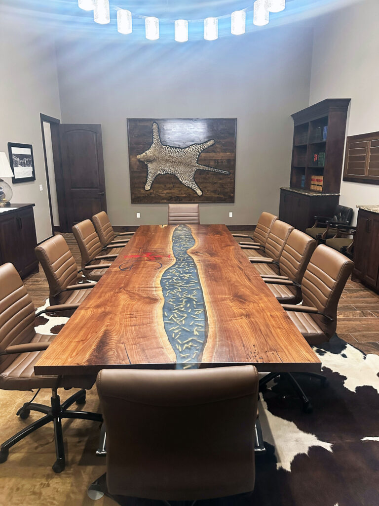 http://Walnut%20Conference%20Epoxy%20Table%20With%20Bullets%20Embedded%20&%20Engraved%20Logo%201919%2012