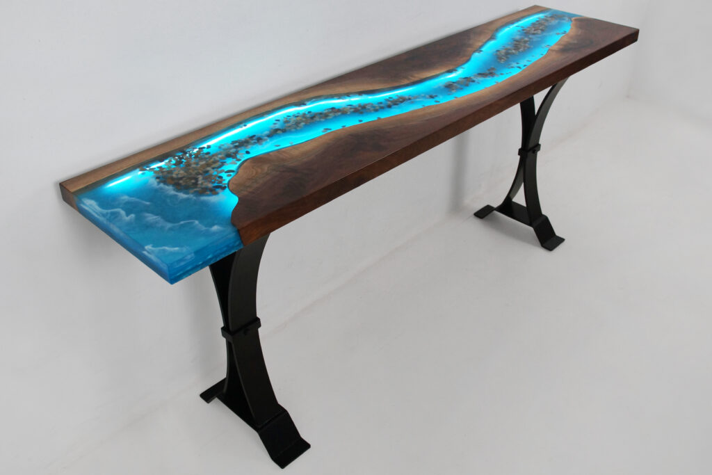 http://Walnut%20Sofa%20Table%20With%20Epoxy,%20LED%20Lights%20&%20Embedded%20Rocks%202349