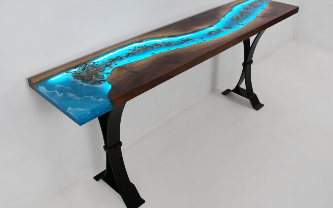 Walnut Sofa Table With Epoxy, LED Lights & Embedded Rocks
