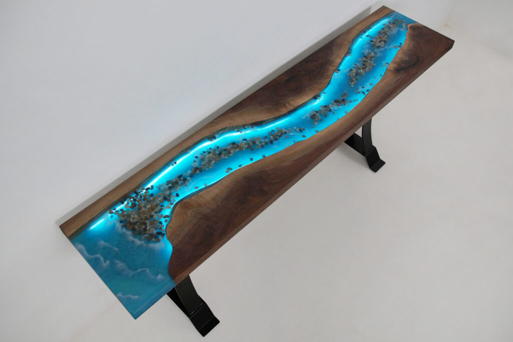 http://Walnut%20Sofa%20Table%20With%20Epoxy,%20LED%20Lights%20&%20Embedded%20Rocks%202349%207