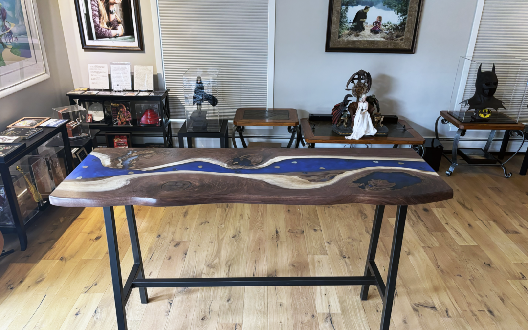 Walnut Bar Table With Deep Blue Epoxy Resin & Embedded Guitar Picks