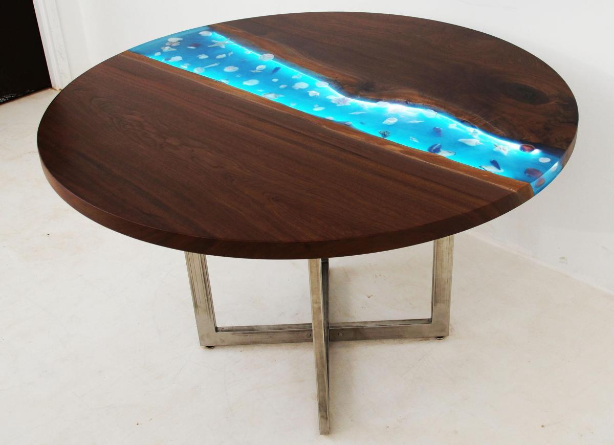 round epoxy dining table with led lights embedded seashells