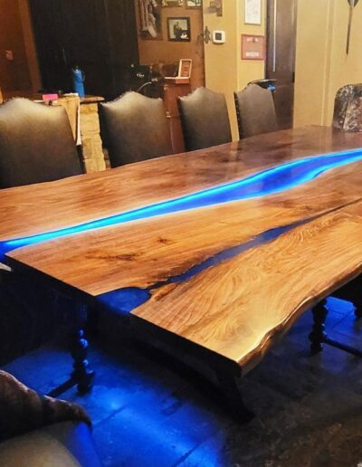 custom live edge dining table with led lights blue epoxy