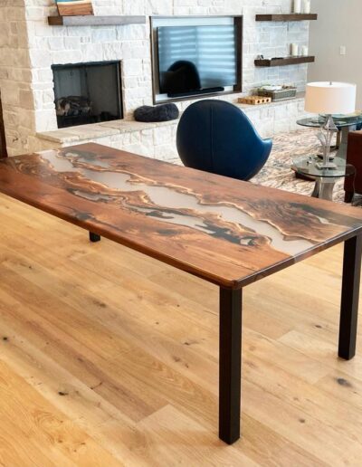 custom epoxy dining room table with walnut wood