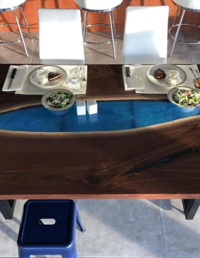 epoxy dining room table with walnut wood blue epoxy