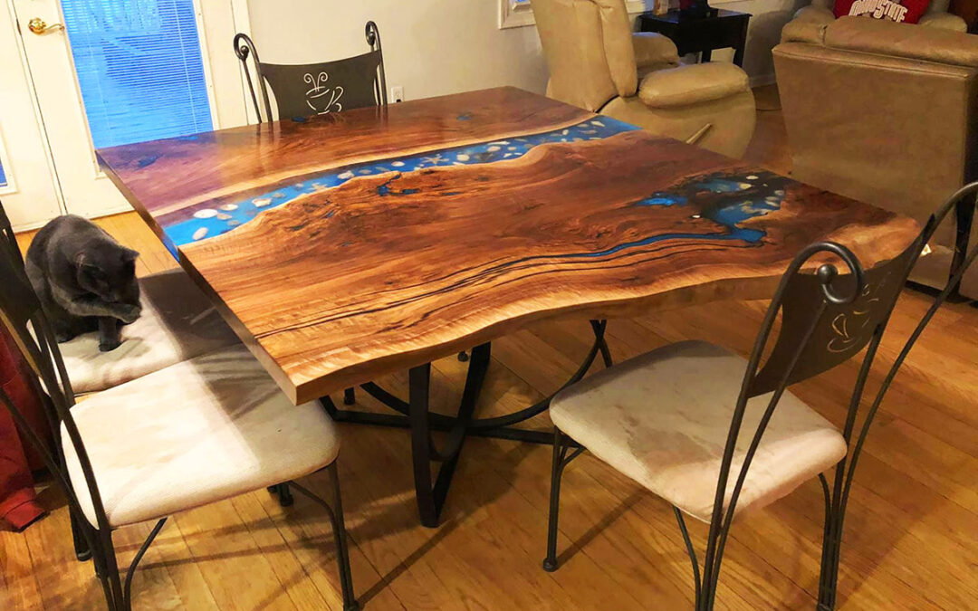 Live Edge Walnut Blue River Table With Embedded Seashells