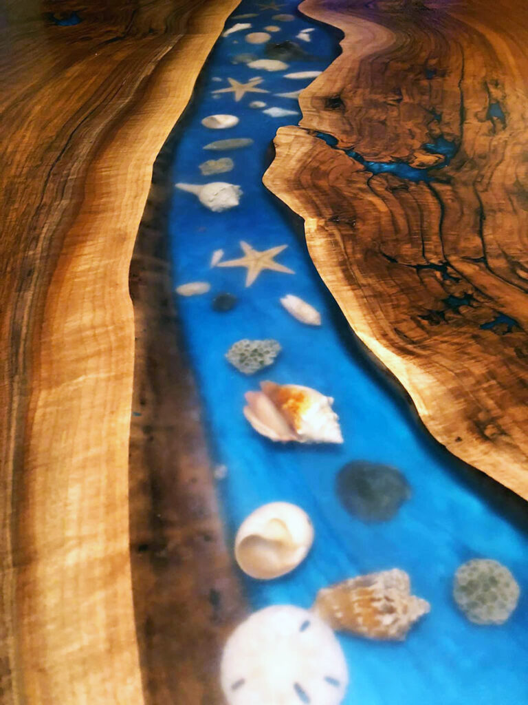 http://Live%20Edge%20Walnut%20Blue%20River%20Table%20With%20Embedded%20Seashells%202