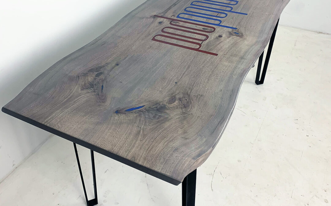 Epoxy & Bleached Walnut CNC Logo Podcasting Table