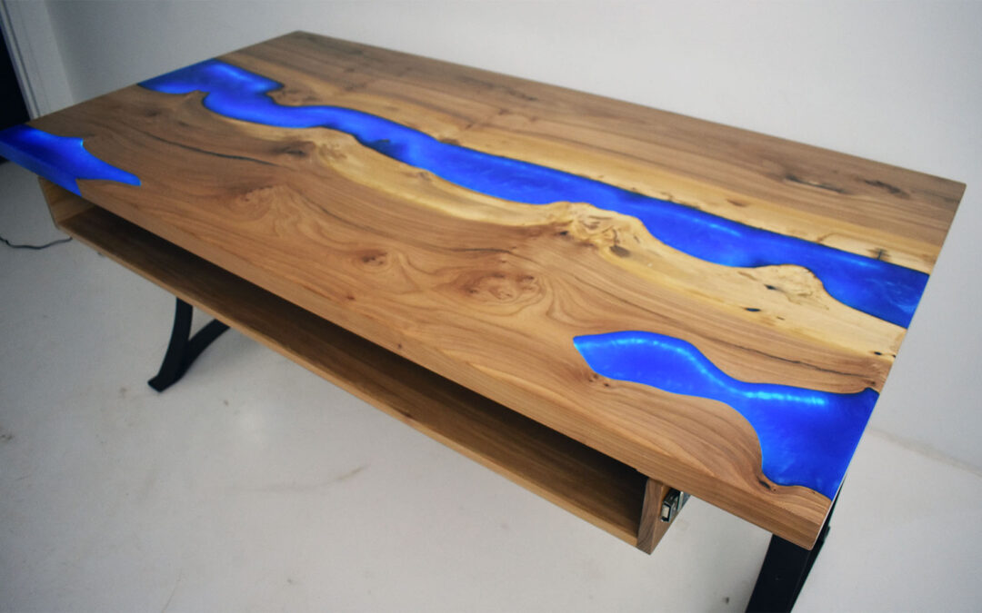 LED Lit Blue River Desk From Elm Wood