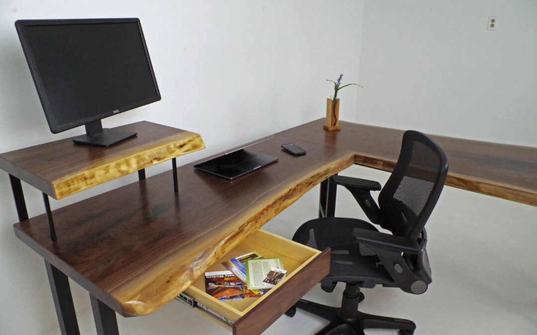 L-Shaped Live Edge Walnut Corner Desk With Monitor Stand