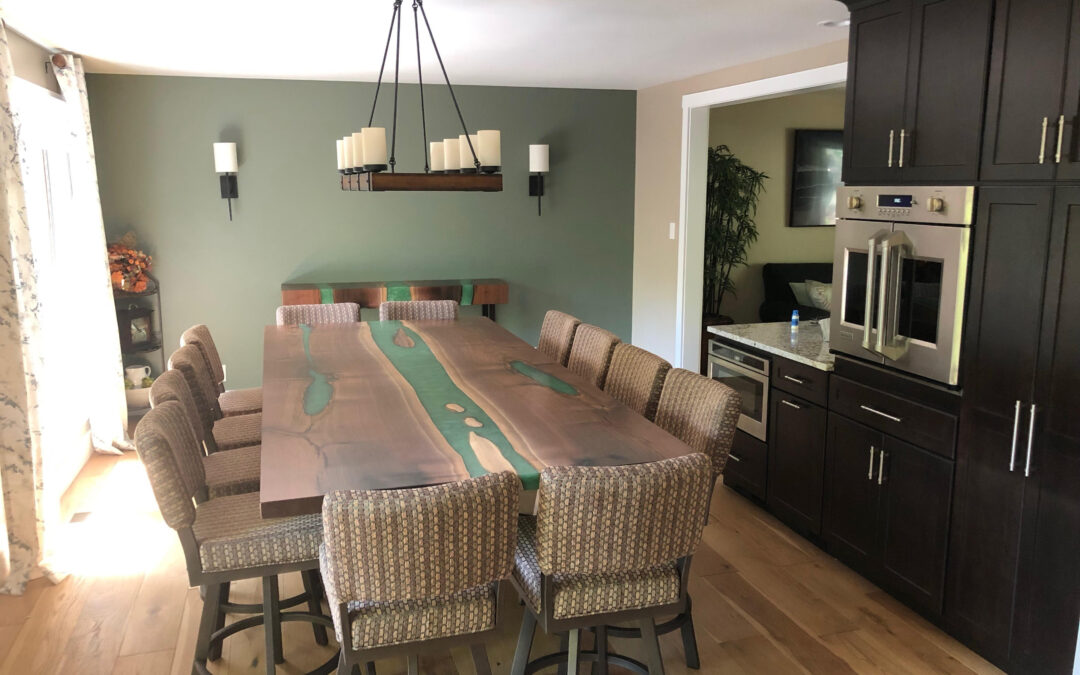 Green Epoxy River Dining Table with Islands & Matching Side Table