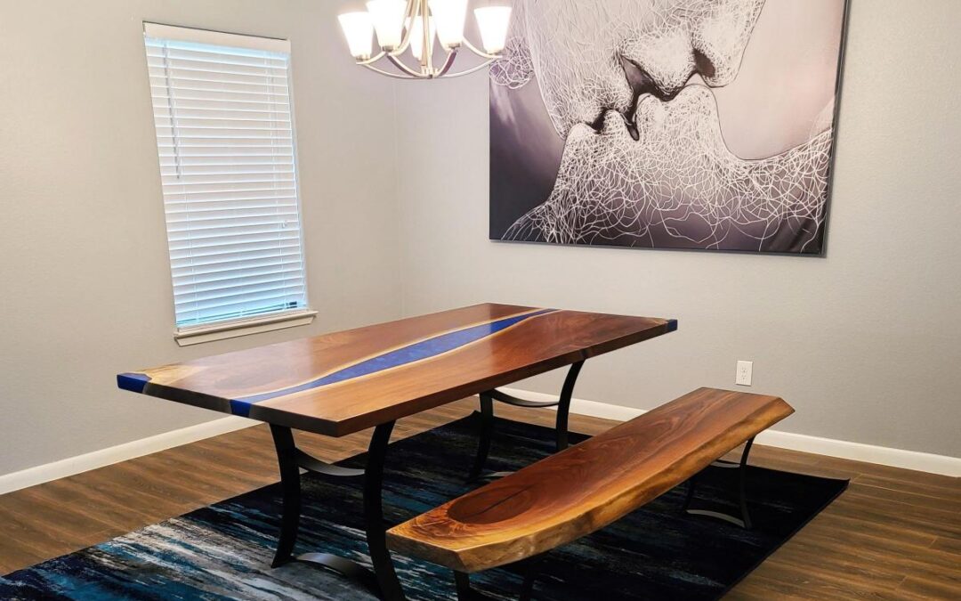 Custom Walnut Live Edge River Table With LED Lights With Matching Bench