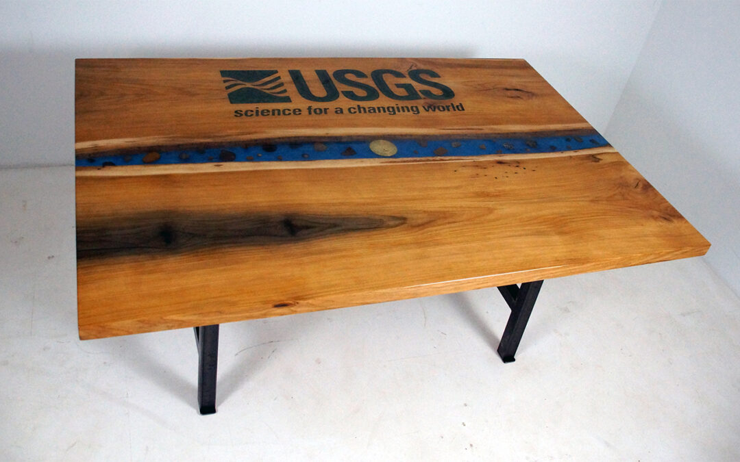Epoxy River Conference Table With CNC Carved Resin Filled Logo