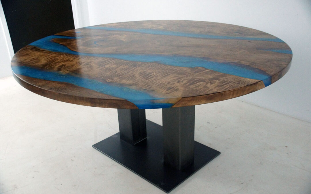 Round Epoxy River Dining Table With Blue Resin River