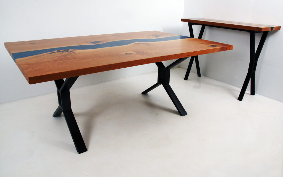 Cherry Dining Table With Blue Resin And Matching Side Table