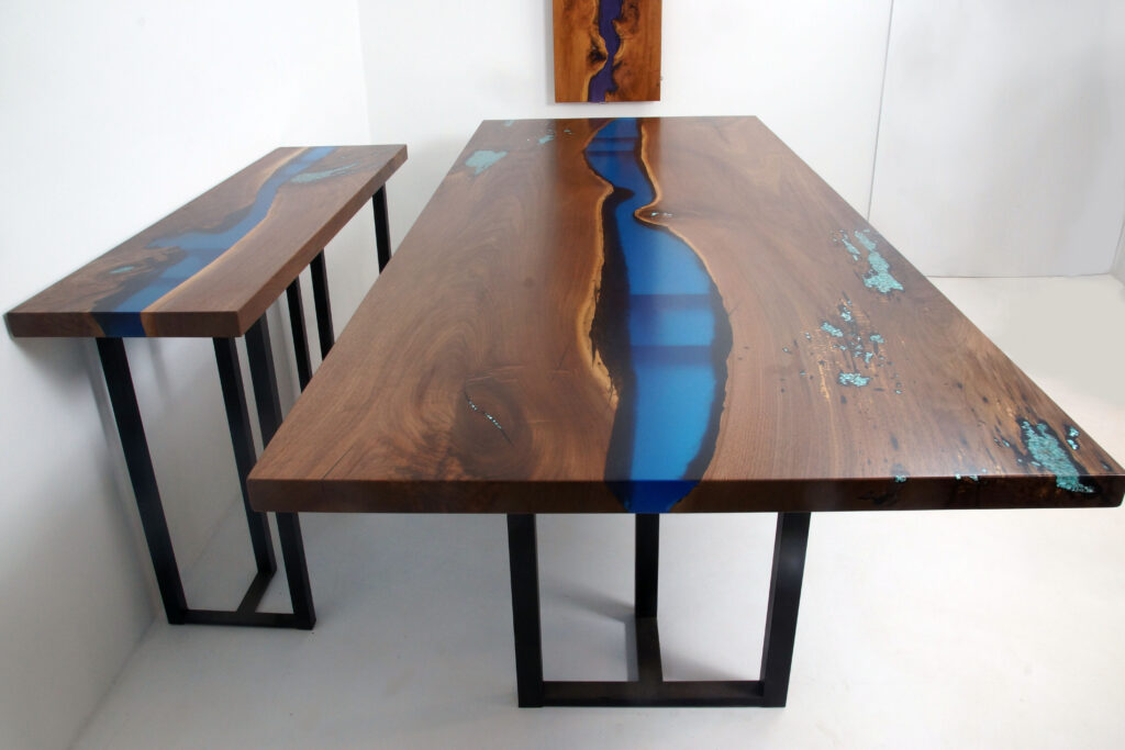 http://Blue%20Epoxy%20River%20Dining%20Table%20Matching%20Console%20Table%20With%20Turquoise%202