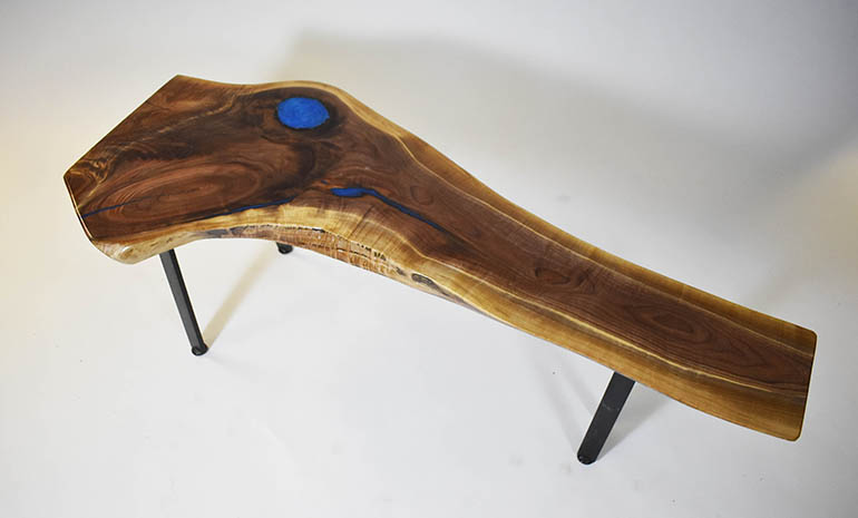 Live Edge Walnut Bench With Blue Epoxy Resin