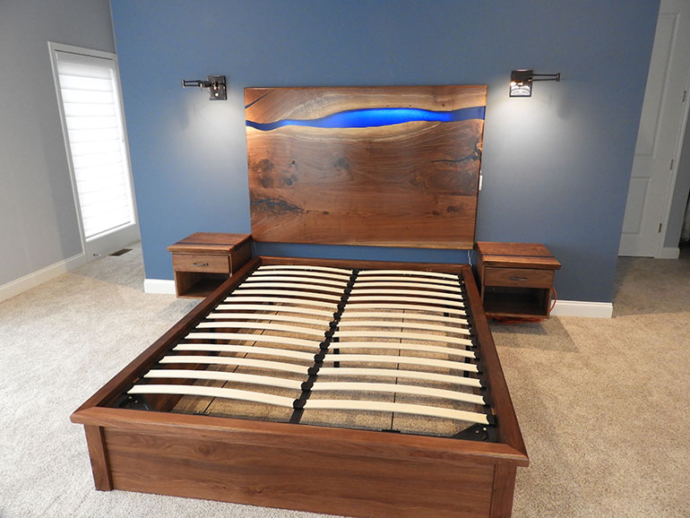 Custom Live Edge Wood Slab Epoxy Resin Headboard & Bed Frame