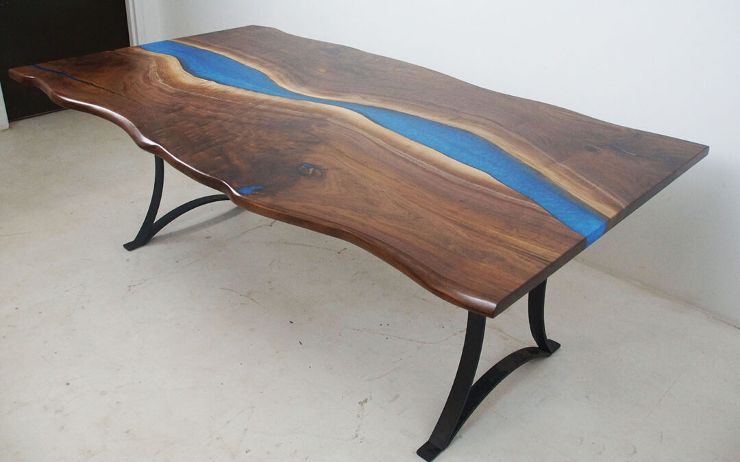 Live Edge Conference Room Table And Console Table With Blue Epoxy Resin River