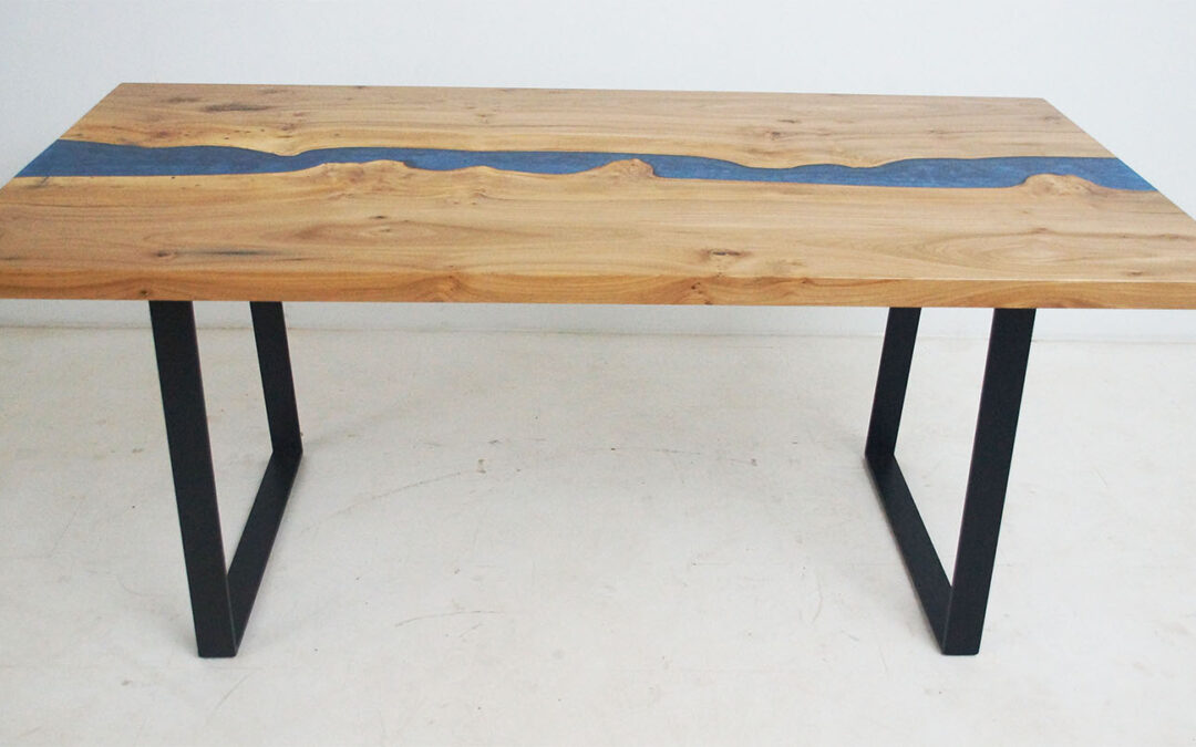 Elm Kitchen Table With Blue Epoxy Resin River