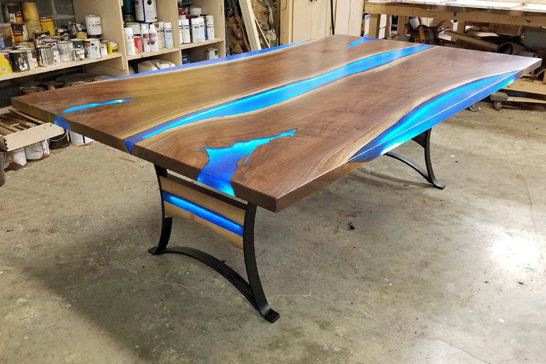 Live Edge Epoxy River Dining Table with LED Lights