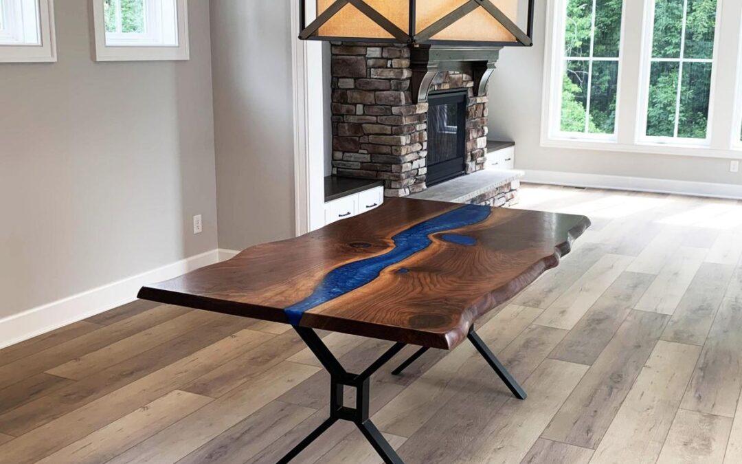 Live Edge Dining Room Table With Deep Blue Resin River