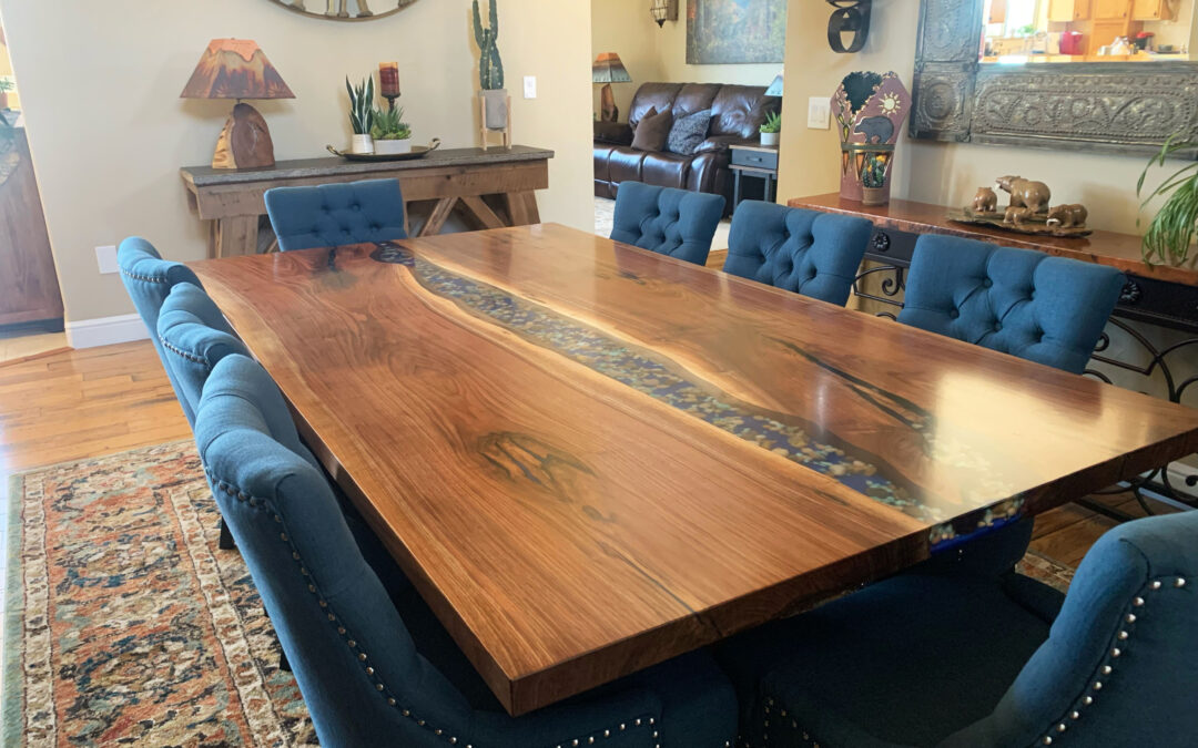 Wood And Resin Dining Table With Embedded Rocks And Turquoise