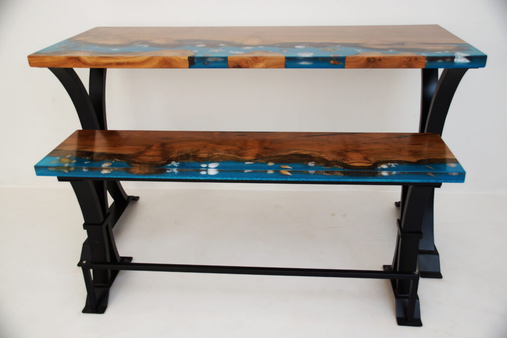 http://Epoxy%20and%20Sycamore%20Beach%20Table%20with%20Matching%20Bench%201