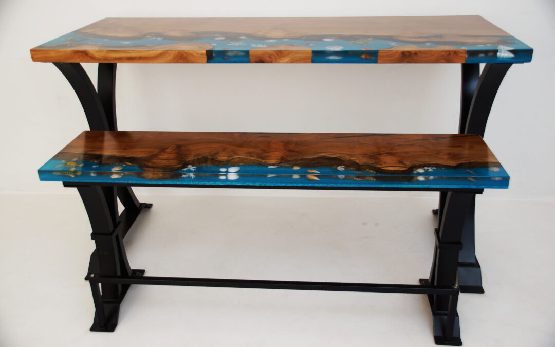 Epoxy and Sycamore Beach Table with Matching Bench