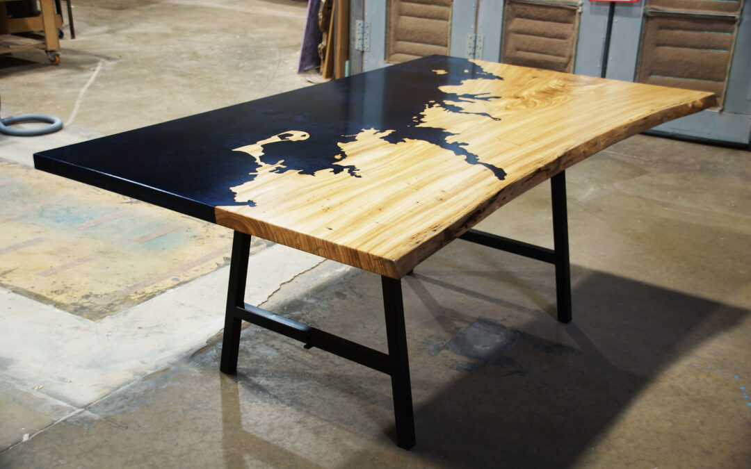 Epoxy & Elm River Dining Table With CNC New England Coastline
