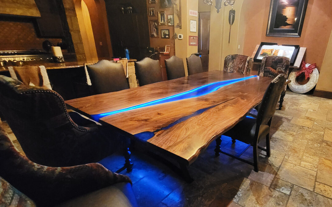 Live Edge 11 Foot Dining Room Table With LED Lit River