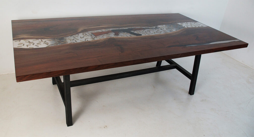 http://Conference%20Resin%20River%20Table%20With%20Embedded%20Firearm%20And%20Bullets%207