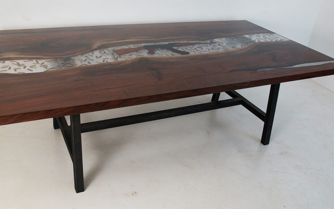 Conference Resin River Table With Embedded Firearm And Bullets